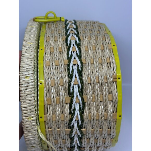 VTG Singer Woven Sewing Basket With Lid & Handle Patchwork Yellow Divided BOHO - Picture 5 of 10